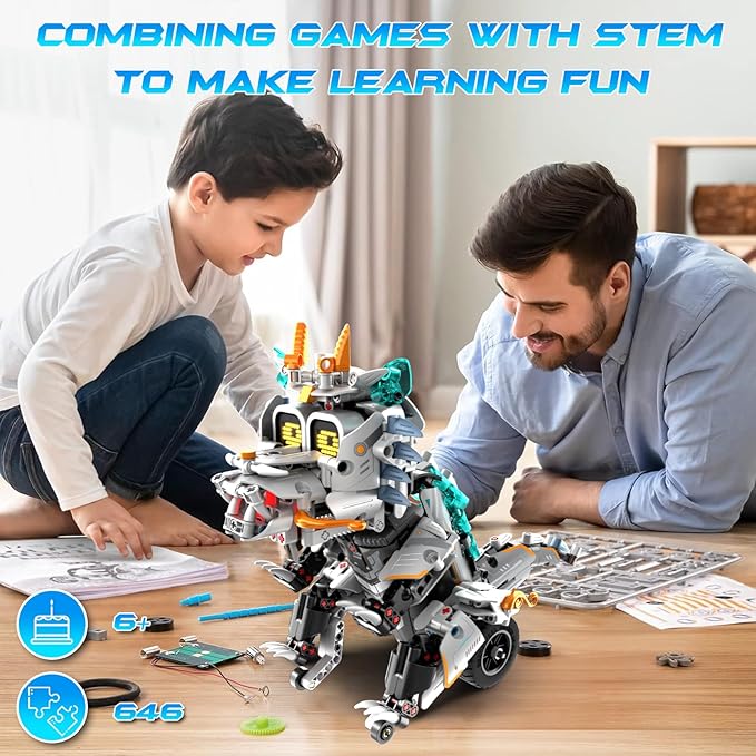 STEM Building Toys for Kids 6-14, Remote & APP Controlled 3in1 STEM Dinosaur Motorcycle Robot Building Kit for Kid with Music Spray, 646 Pcs Building Blocks Set Birthday Xmas Gift Ideas for Boys Girls