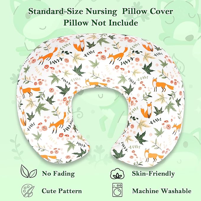 Nursing Pillow Covers – Soft Breathable Cotton, Fits Standard Breastfeeding Pillows, Washable & Hypoallergenic for Newborn Baby Girls & Boys,Cover Only (1 Pcs, Fox)