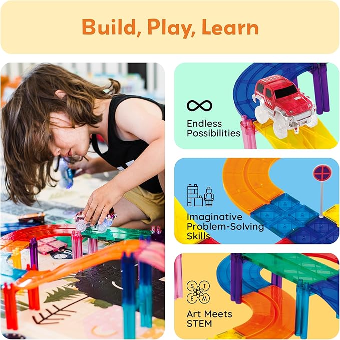 PicassoTiles 100pc Magnetic Tiles Race Track Building Set with LED Cars Adjustable Roads and Signs STEM Construction Toy Kit for Kids Educational Learning Toy for Boys and Girls Ages 3 and Up PTR100