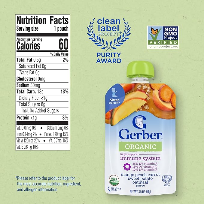 Gerber Stage 2 Baby Food, Organic Mango Peach Carrot Sweet Potato Oatmeal, Baby Puree, 12PK