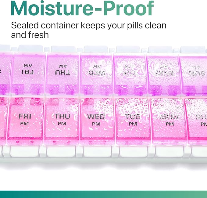 Sukuos AM PM Weekly Pill Organizer 7 Day, 2 Times A Day Medicine Pill Box with Easy Push Button, BPA Free Vitamin Cases for Fish Oil/Supplements, Easy to Clean (Purple&Pink)