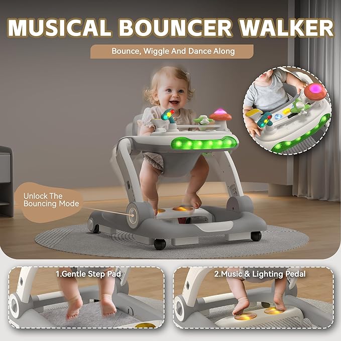Baby Walker with Wheels, 5 in 1 Walker for Baby Boy Girl with Bouncer, Music and Lights Baby Jumper Activity Center, Adjustable Height, Push Walker for Ages 7-18 Months Toddler (Gray)