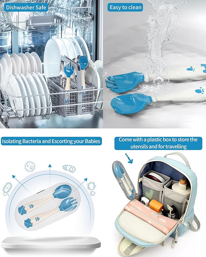 Deejoy Toddler Utensils with Travel Safe Case, Silicone Baby Spoons and Fork Set for Self Feeding, Toddlers Feeding Training Spoon, Easy Grip Heat-Resistant, Bendable Function (2 Sets, Yellow+Blue)