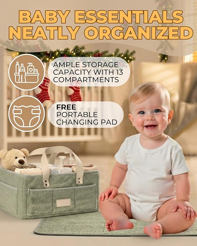 Baby Diaper Caddy Organizer with Portable Changing Mat - Teddy Fleece Diaper Organizer for Changing Table - Basket for Changing Essentials - Baby Essentials Organizer with Removable Dividers