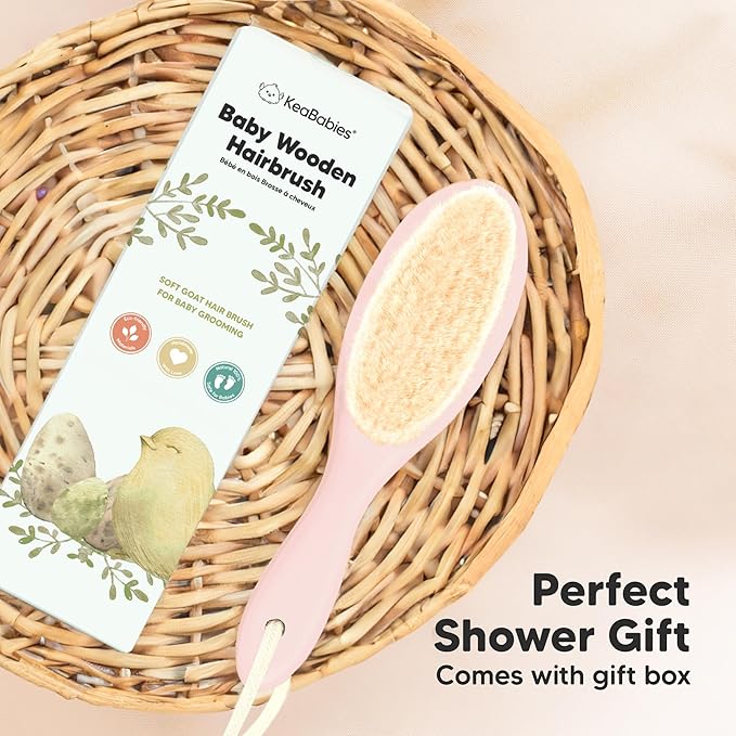 Wooden Baby Hair Brush - Cradle Cap Baby Brush with Soft Goat Bristles, Perfect Gentle Scalp Newborn Comb for Infant, Girls, Boys, Bath Essentials (Blush, Oval)