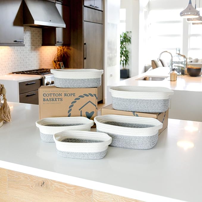 NaturalCozy 5-Piece Rectangle Storage Basket Set- Natural Cotton Rope Woven Baskets for Organizing! Small Basket for Montessori, Baby Nursery, Dog Toy Baskets, Cat Toy Box, Bathroom Organization Bin