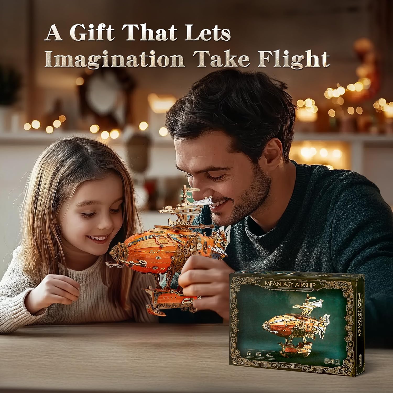 LED 3D Wood Puzzle Fantasy Airship Model - Steampunk DIY Craft Kit with LED Lights – Intricate Wooden Airship Model Building Set for Teens and Adults(Orange)