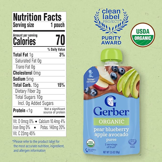 Gerber Stage 2 Baby Food, Organic Pear Blueberry Apple Avocado Puree Pouch, Organic Baby Food Pouches, No Added Sweetener, No Artificial Colors or Flavors, 12-Pack