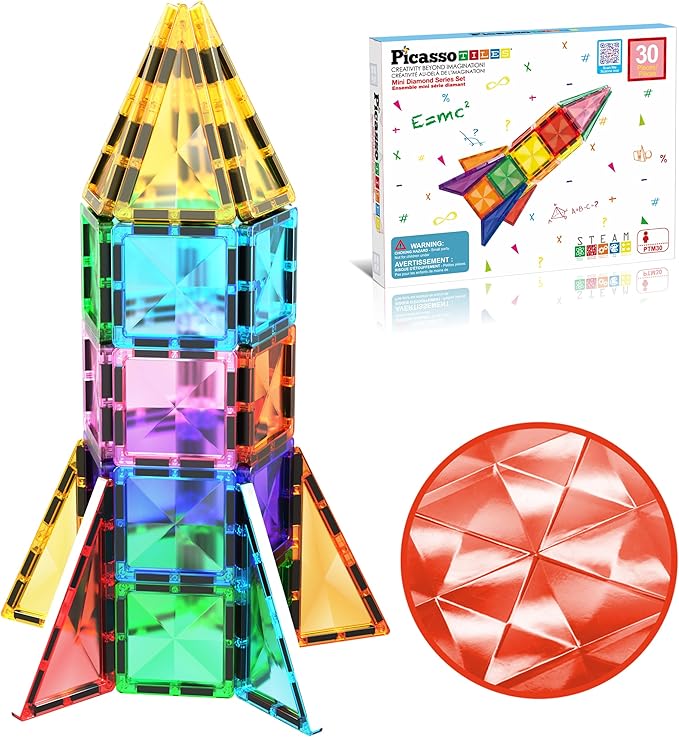 PicassoTiles 30pcs Mini Size Magnetic Tiles Sensory Magnet Toys Diamond Series Construction Building Blocks Set STEM Learning Travel Size Educational Toy for Kids Boys Girls Toddlers Age 3+ PTM30