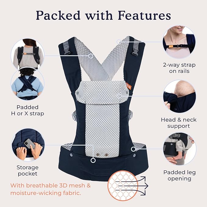 Beco Gemini Baby Carrier from Newborn to Toddler - Certified Ergonomic Newborn Baby Carrier for Infants and Children of 7-35 lbs - M Shape, Adjustable Seat, Breathable 3D Mesh (Cool Navy)