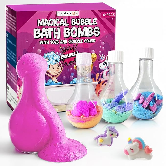 Kids Bath Bombs Powder with Mini Unicorn Inside – Bubble Bath for Kids – Bathtime Experiment Kit Mix - Blast of Foam & Colour Surprise – Gift Set of 4
