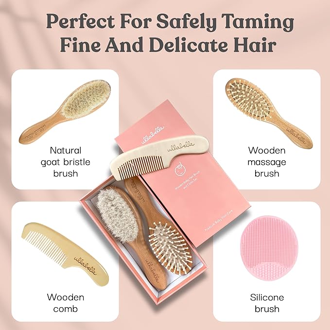4 Piece Wooden Baby Hair Brush and Comb Set for Newborns & Toddlers in Chic Gift Box - Ultra Soft Natural Goat Hair and Wood Baby Brush Set Prevents Cradle Cap - Perfect Registry Gift (Pink)