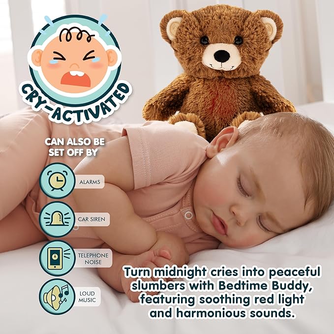 Gemma Joy Bedtime Baby Soothers for Sleep, Cry Activated Heartbeat Stuffed Animal for Baby, Newborn, Calming Light, Lullaby Music, White Noise, Shush, Mother’s Heartbeat - (Brown Bear, Rechargeable)