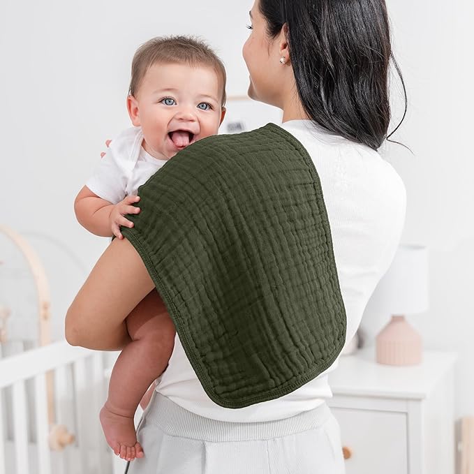 Comfy Cubs Muslin Burp Cloths 20" x 10", Pack of 6 - Large, 6-Layer, Ultra Absorbent 100% Cotton for Baby Drool and Messes - Soft, Safe & Gentle Baby Burp Cloths Set for Boys & Girls - Kelp