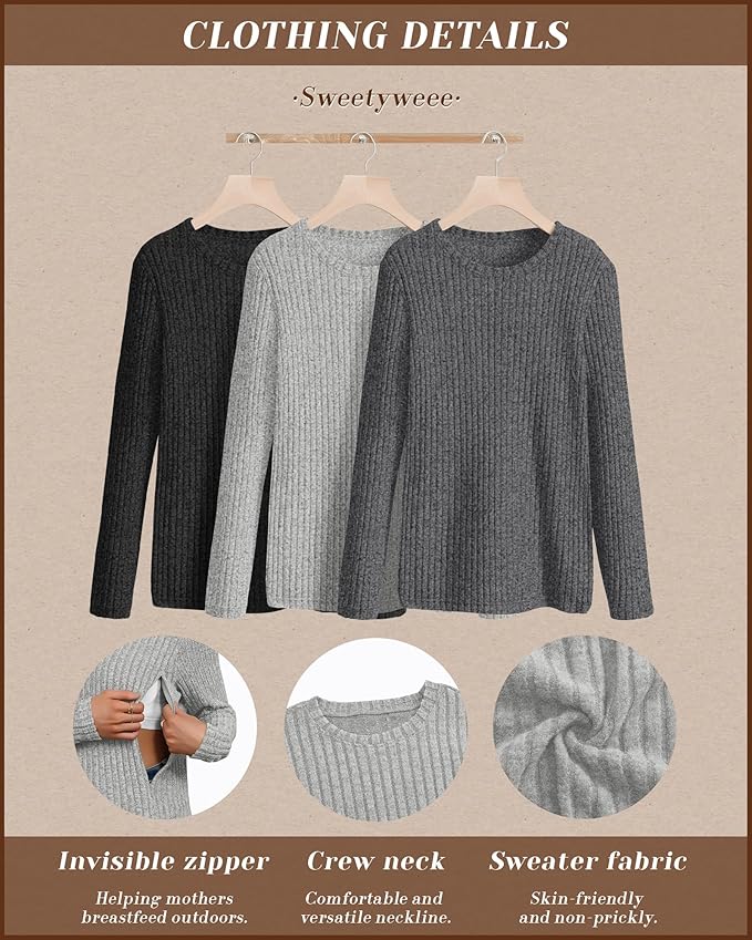 3 Pack Women's Nursing Long Sleeve Tops Breastfeeding Thermal Sweaters with Hidden Zipper Maternity Ribbed Shirts