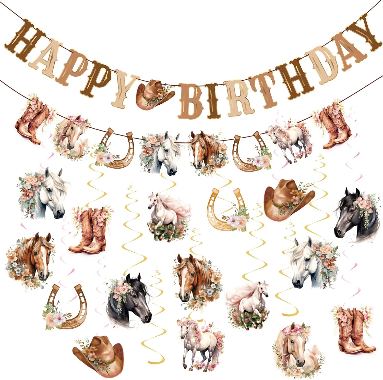 Horse Birthday Decorations,Horse Party Decorations for Girls,Cowgirl Hanging Swirls,Happy Birthday Banners, Western Party Supplies Women