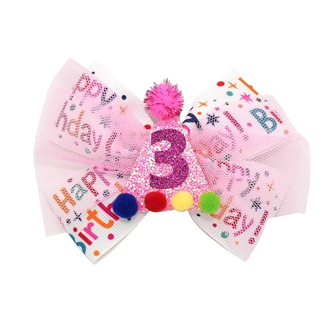Birthday Hair Bow for Baby Girls 1 2 3 4 5 6 Years Sprinkle Decorations Party Pink Hair Accessories for Three 3rd Birthday Confetti Ice Cream