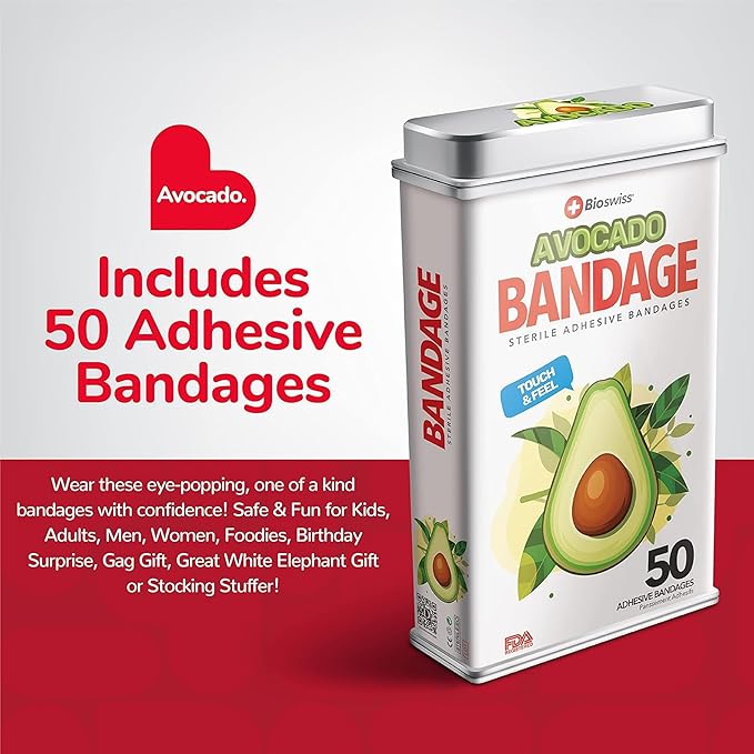 BioSwiss Bandages, Avocado Shaped Self Adhesive Bandage, Latex Free Sterile Wound Care, Fun First Aid Kit Supplies for Kids, 50 Count
