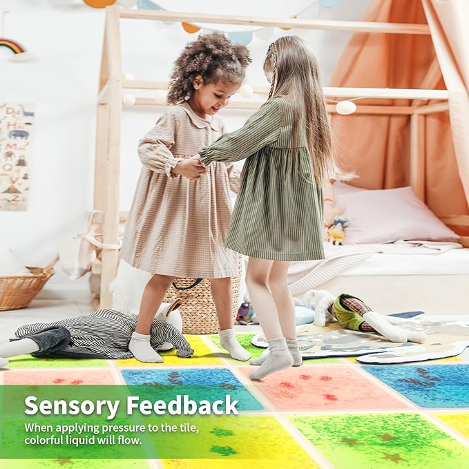 LONGKING 4-Sheet Liquid Square Sensory Tiles, Animal Pattern, Colorful Floor Tile for Play Centers, Playroom, Lava Tiles, 11.8"x11.8"