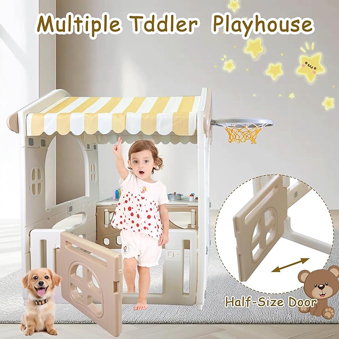 41.3" x 31.4" x 29" Kids Cottage Playhouse, Indoor/Outdoor Toddler Playhouse with Working Doors, Worktop & Basketball Hoop, Durable Plastic Playset for Kids Ages 1+ Years Old