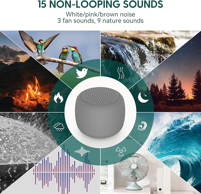 Babelio White Noise Sound Machine for Adults Kids Baby, Mini, 15 Non-looping Sounds, Timer, Memory Function, Easy to Pocket and Travel Gray