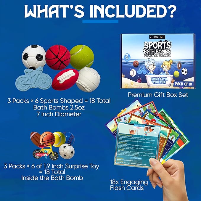 Bath Bombs for Boys with Toys Inside W/Flash Cards - Sports Bath Bombs for Kids - Gift Set of 18 Scented Organic Handmade - 2.5 oz with Natural Essential Oils - 18 Pack