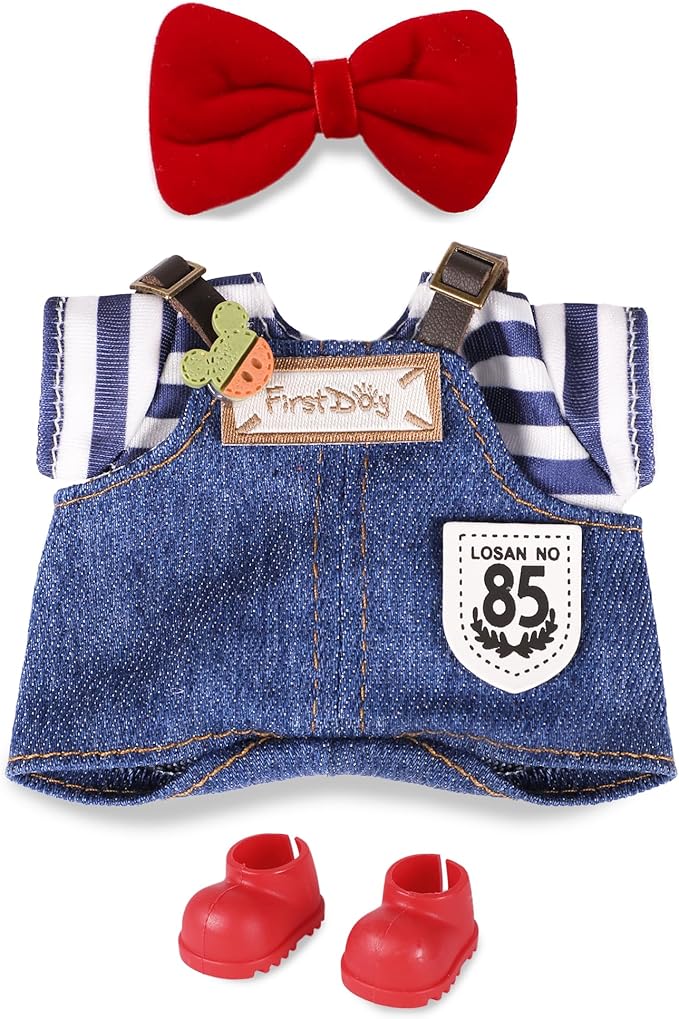 Clothes for 6.7in/17cm Doll, Set of 4 Cute Doll Accessories Includes Doll Hat+T-Shirt+Bib Pants+Shoes Set Premium Fashion Outfit for Collectors Unique Gift (Style A)