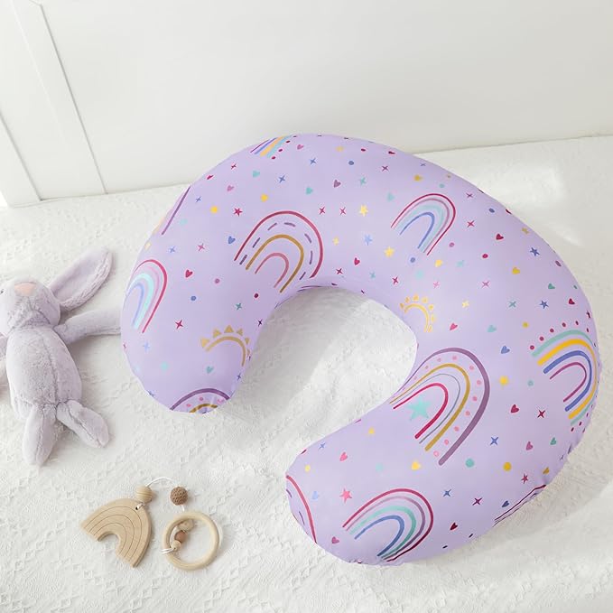 Nursing Pillow Cover, Removable Nursing Covers for Breastfeeding Pillows, Stretchy and Soft Fit for Baby Girls Boys Newborn, Purple Rainbow (Only Cover)