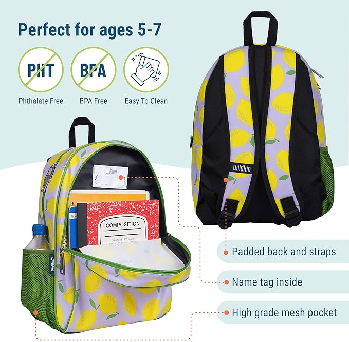 Wildkin 15-inch Kids Backpack – Durable, Padded, Adjustable for School & Travel - Lilac Lemonade