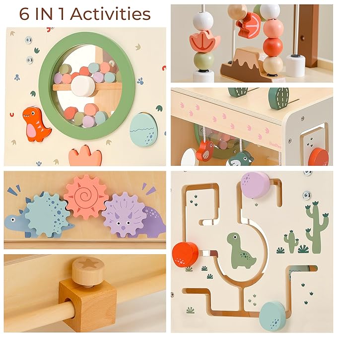 PairPear Wooden Baby Walker,6 in 1 Dinosaur Play Walker Adjustable Speed Push Cart with Brake & Shape Sorter,Natural Solid Wood Activity Center Toy for Toddlers 12M+