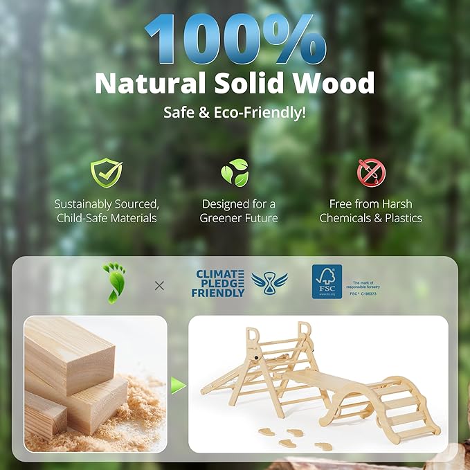 BlueWood 10-in-1 Pikler Triangle Set, Toddler Climbing Toys Indoor, Montessori Climber, Baby Jungle Gyms with Arch, Extra Rope Ladder & Footprint Balance Beam - Natural Rustic