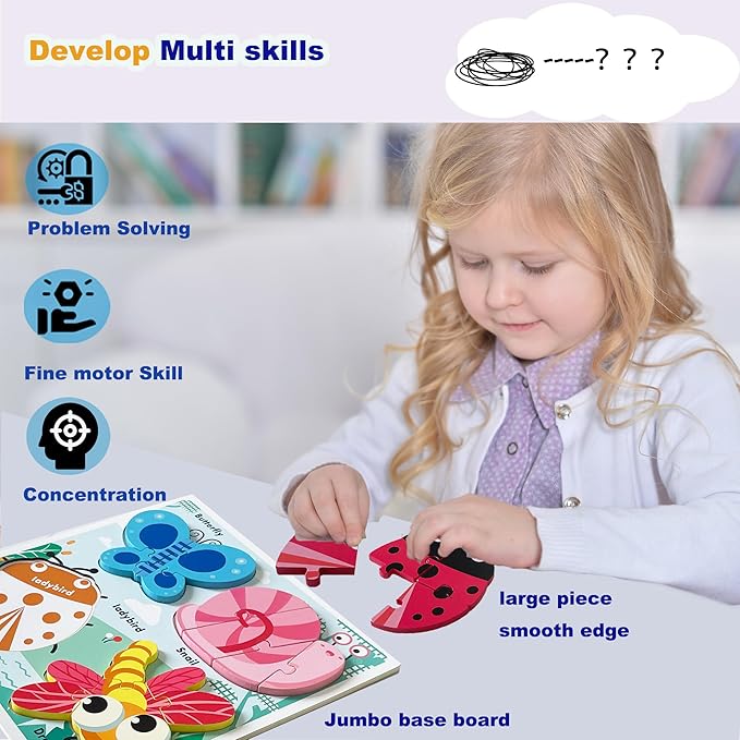 Wooden Jigsaw Puzzles for Toddlers 2-4 Years Old Girls Boys Jumbo Base Chunky Puzzle Ages1-3 Toddler Fun Gifts for 18 24 Months Baby