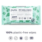 Pura Baby Wipes 3 x 60 per pack (180 Wipes) 100% Plastic-Free & Plant Based Wipes, 99% Water, Suitable for Sensitive & Eczema-prone Skin, Fragrance Free & Hypoallergenic, EWG, Cruelty Free (Pack of 2)