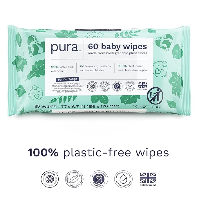 Pura Baby Wipes 3 x 60 per pack (180 Wipes) 100% Plastic-Free & Plant Based Wipes, 99% Water, Suitable for Sensitive & Eczema-prone Skin, Fragrance Free & Hypoallergenic, EWG, Cruelty Free (Pack of 2)