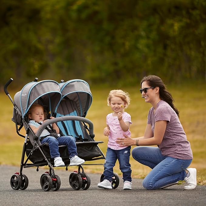 Dream On Me Volgo Twin Umbrella Stroller in Blue, Lightweight Double Stroller for Infant & Toddler, Compact Easy Fold, Large Storage Basket, Large and Adjustable Canopy