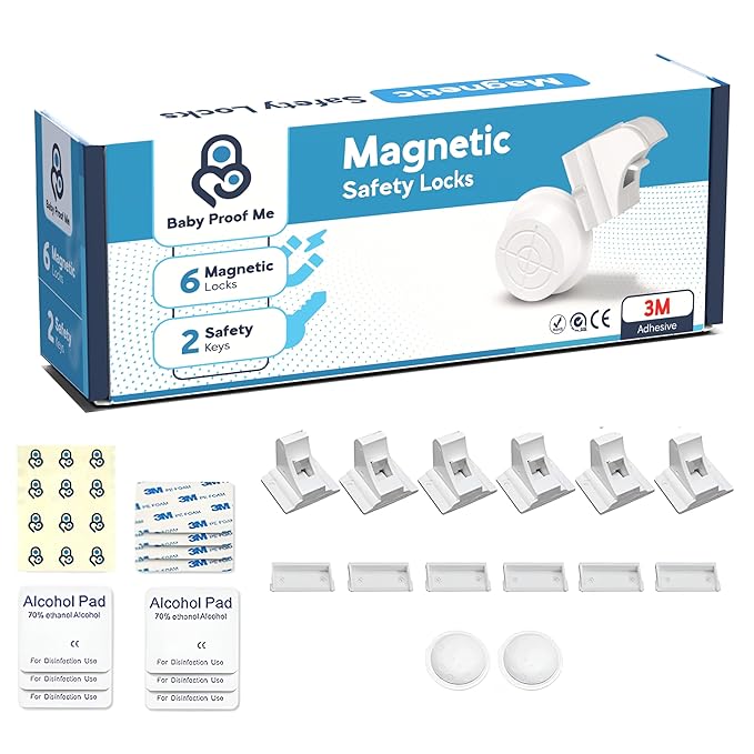 Magnetic Safety Lock Kit 6 Locks + 2 Keys, 3M Adhesive Easy Installation, Baby Proofing Magnetic Locks for Cabinets and Drawers
