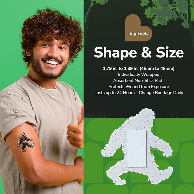 BioSwiss Bandages, Bigfoot Shaped Self Adhesive Bandage, Latex Free Wound Care, Fun First Aid Kit Supplies for Kids and Adults, 50 Count