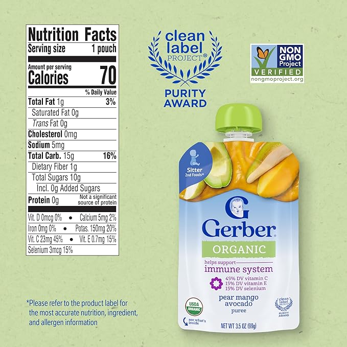 Gerber Stage 2 Baby Food, Organic Pear Mango Avocado, Baby Food Pouches, Puree, 12PK