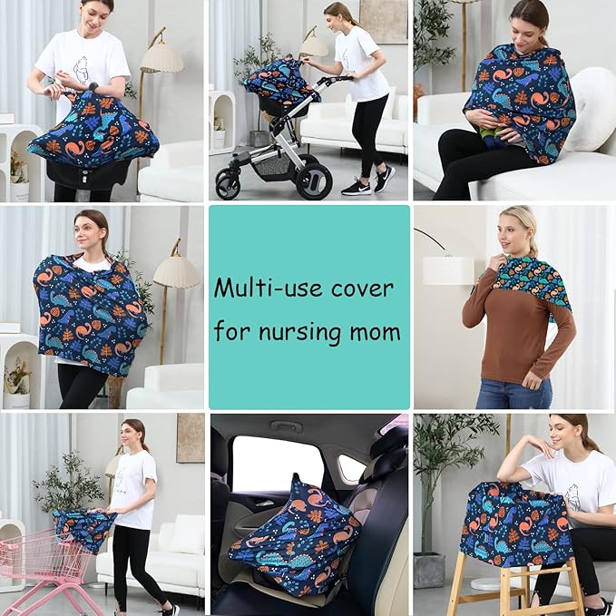 Car Seat Covers for Babies - Multi-use Carseat Canopy Cover Breastfeeding Covers, Stroller Canopy Cover (Navy Dinosaur)