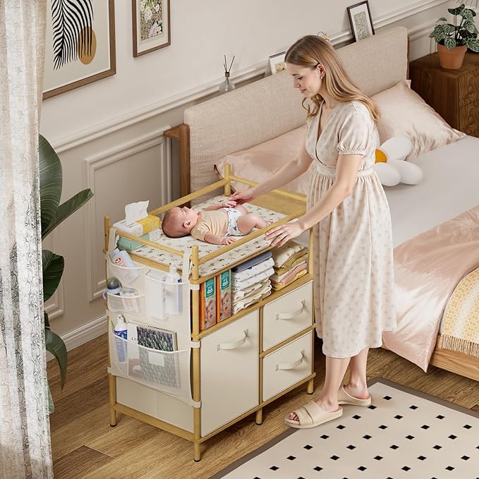 Amazer Baby Changing Table, Bamboo Diaper Changing Station with 3 Removable Storage Drawers, Baby Dresser Table with Flat Top, Large Storage Nursery Organizer Shelves with Pad, Mesh Pocket