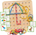 Panda Brothers Wooden Geoboard - Montessori Toys for 3 4 5 Year Old Kids and Toddlers, Educational Toy with 30 Pattern Cards and 40 Rubber Bands to Create Figures, Brain Teaser STEM Toy Geo Board