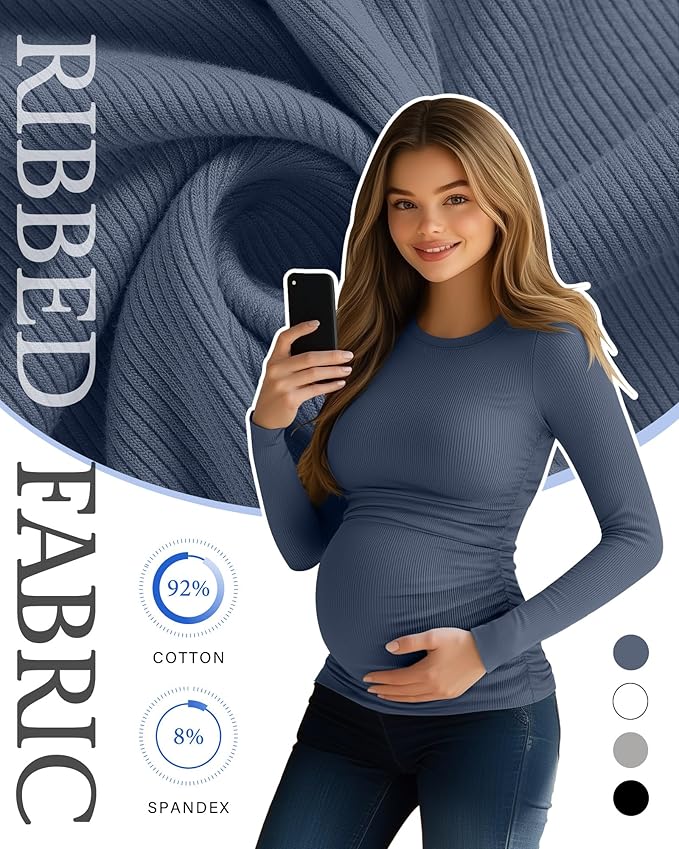 Ficerd 4 Pack Women's Maternity Shirts Cotton Long Sleeve Ribbed Crew Neck Pregnancy Tops Side Ruched Casual Mama Clothes