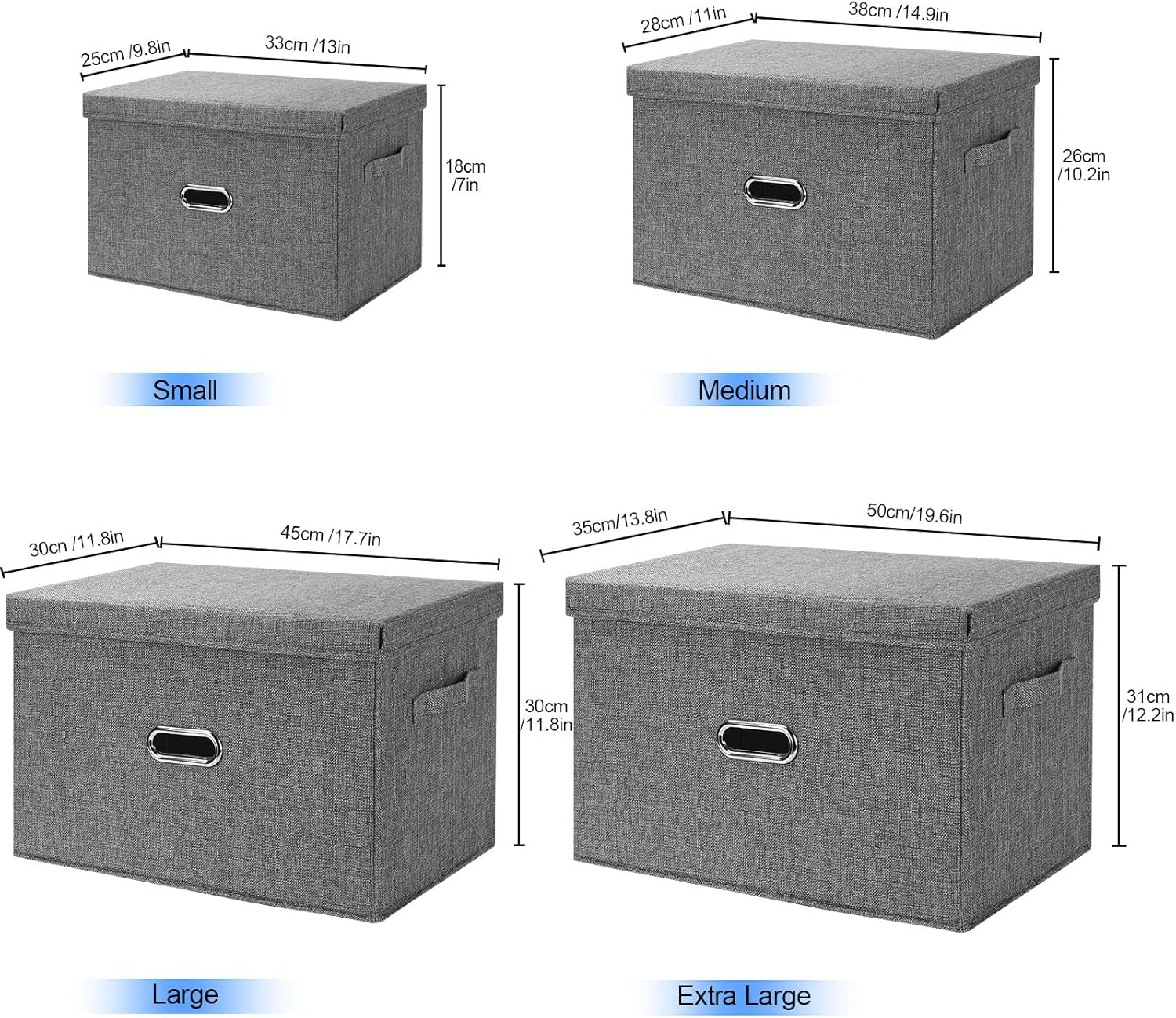 Large Linen Fabric Foldable Storage Bins with Removable Lid and Handles, Washable Storage Box Organizer Containers Baskets Cube with Cover for Bedroom,Office(Black, Small(2-Pack))