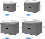 Large Linen Fabric Foldable Storage Bins with Removable Lid and Handles, Washable Storage Box Organizer Containers Baskets Cube with Cover for Bedroom,Office(Cream, Medium)
