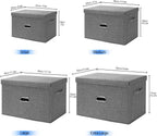 Large Linen Fabric Foldable Storage Bins with Removable Lid and Handles, Washable Storage Box Organizer Containers Baskets Cube with Cover for Bedroom,Office(Cream, Extra Large)
