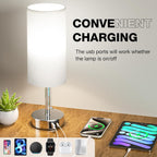 White Bedside Lamps for Bedroom Set of 2 - Nightstand Lamp with USB Charging Port, 3 Color Temperatures, Silver Base Night Stand Light, Side Table Desk Reading Lamp Dorm Room