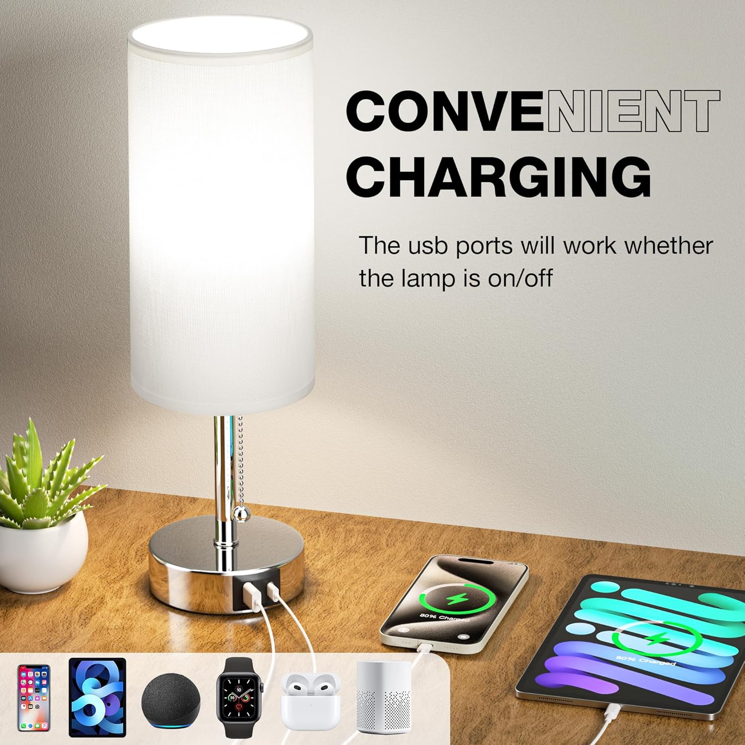 White Bedside Lamps for Bedroom Set of 2 - Nightstand Lamp with USB Charging Port, 3 Color Temperatures, Silver Base Night Stand Light, Side Table Desk Reading Lamp Dorm Room