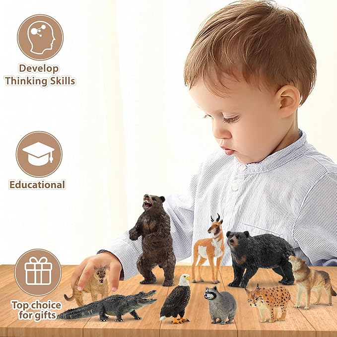 Toymany 12PCS North American Forest Animal Figurines, Realistic Jungle Animal Set Includes Moose,Cougar,Wolf,Bear,Eagle,Deer Educational Toy Cake Toppers Christmas Birthday Gift for Toddlers Kids 3-5