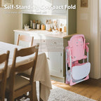 Kinder King Convertible Baby High Chair, Adjustable Feeding Chair for Babies and Toddlers with Removable Double Tray, Simple Compact Fold for Space-Saving, 2 Built-in Wheels, Easy to Clean, Pink