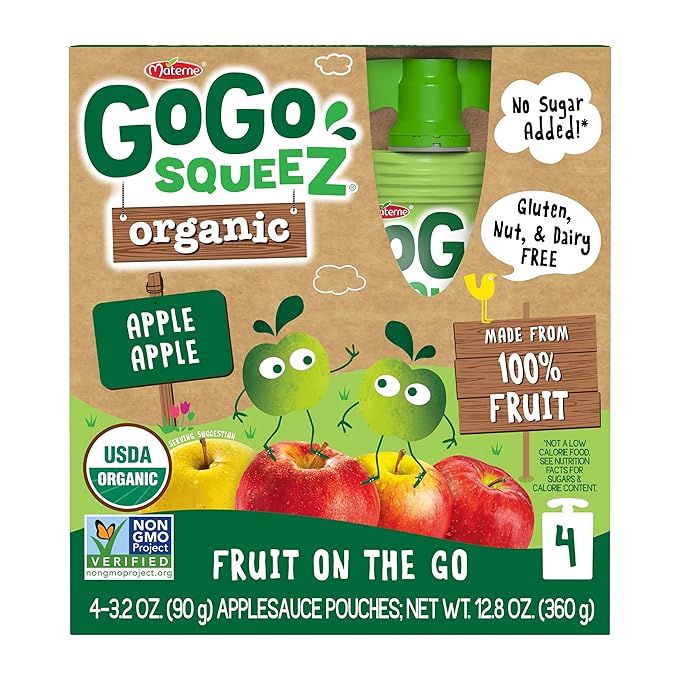 GoGo squeeZ Organic Applesauce and Fruit Puree, Apple Apple, 3.2 oz (Pack of 48), Unsweetened Organic Fruit Snacks for Kids, Gluten Free, Nut Free and Dairy Free, Recloseable Cap, BPA Free Pouches